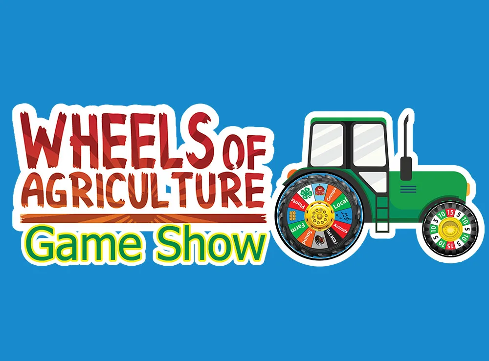 Wheels of Agriculture Game Show logo with a cartoon tractor